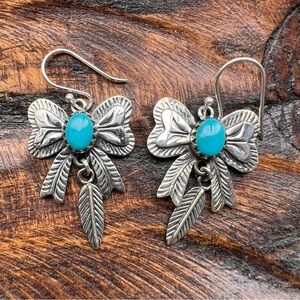 925 Sterling Silver Turquoise Bow & Feather Dangle Earrings